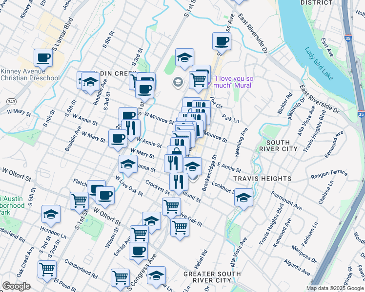 map of restaurants, bars, coffee shops, grocery stores, and more near 1805 Eva Street in Austin