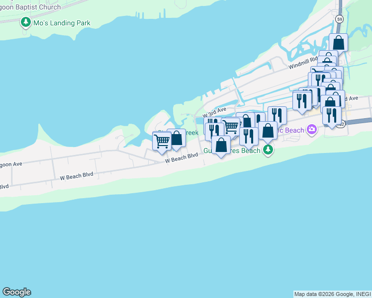 map of restaurants, bars, coffee shops, grocery stores, and more near 738 West Beach Boulevard in Gulf Shores