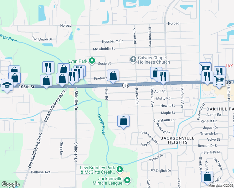 map of restaurants, bars, coffee shops, grocery stores, and more near 8516 103rd Street in Jacksonville