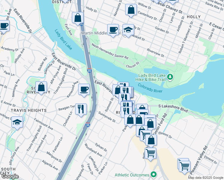 map of restaurants, bars, coffee shops, grocery stores, and more near 1500 East Riverside Drive in Austin