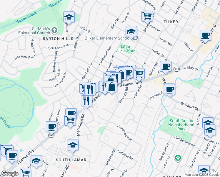 map of restaurants, bars, coffee shops, grocery stores, and more near South Lamar Boulevard in Austin