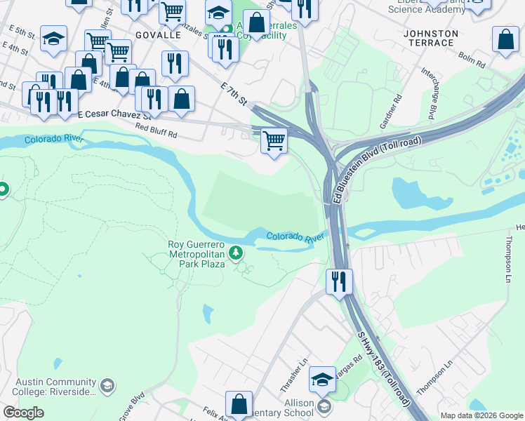 map of restaurants, bars, coffee shops, grocery stores, and more near 5827 Levander Loop in Austin