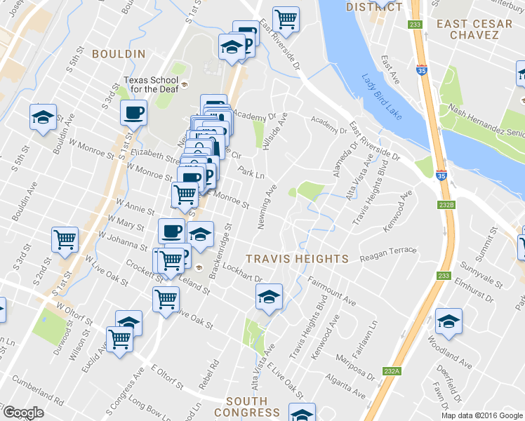 map of restaurants, bars, coffee shops, grocery stores, and more near Newning Ave & Monroe St E in Austin