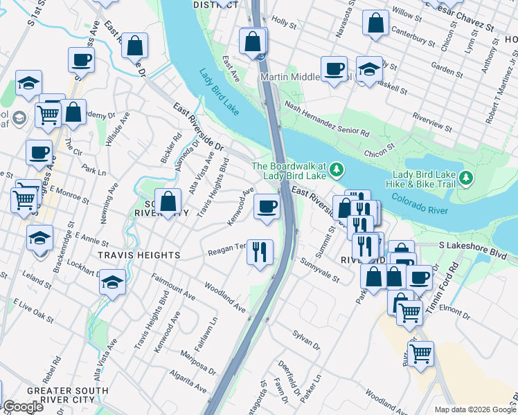 map of restaurants, bars, coffee shops, grocery stores, and more near 1317 Bonham Terrace in Austin