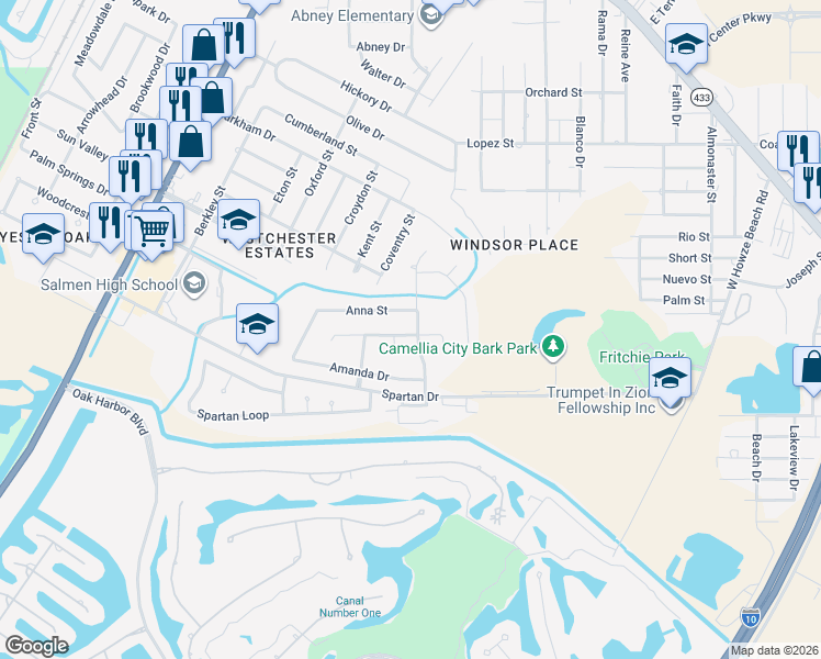map of restaurants, bars, coffee shops, grocery stores, and more near 110 Anna Street in Slidell