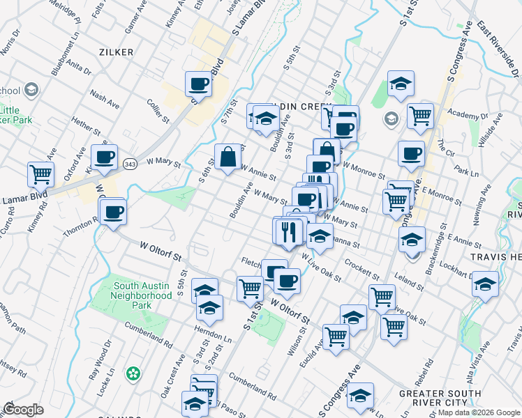 map of restaurants, bars, coffee shops, grocery stores, and more near 801 West Mary Street in Austin