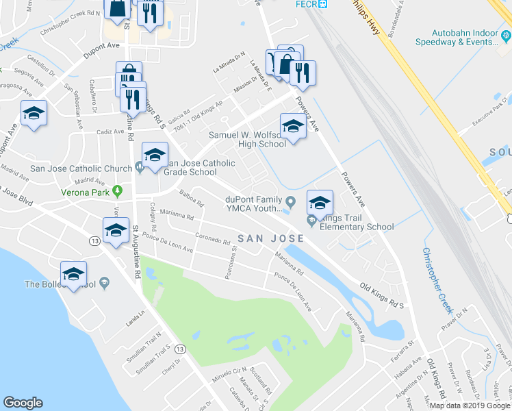 map of restaurants, bars, coffee shops, grocery stores, and more near 7241 Old Kings Road South in Jacksonville