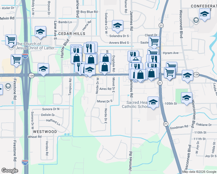 map of restaurants, bars, coffee shops, grocery stores, and more near 5440 Moret Drive East in Jacksonville