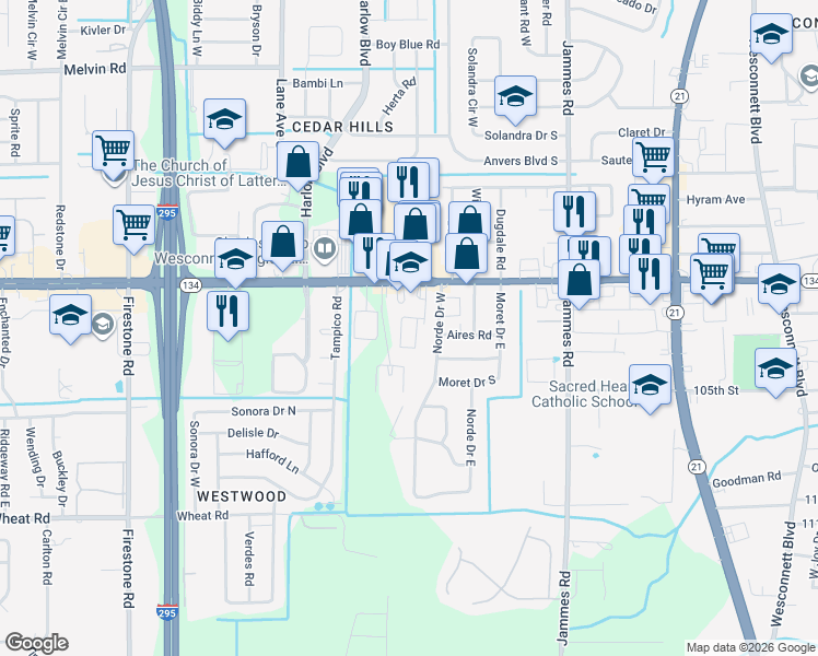 map of restaurants, bars, coffee shops, grocery stores, and more near 5440 Norde Drive West in Jacksonville