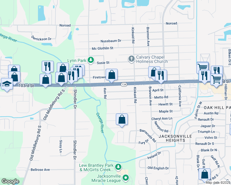 map of restaurants, bars, coffee shops, grocery stores, and more near 8516 103rd Street in Jacksonville