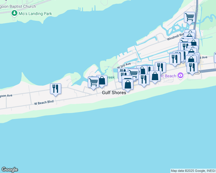 map of restaurants, bars, coffee shops, grocery stores, and more near 209 West 7th Street in Gulf Shores