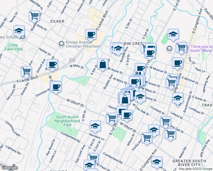 map of restaurants, bars, coffee shops, grocery stores, and more near 901 West Mary Street in Austin