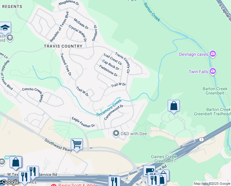 map of restaurants, bars, coffee shops, grocery stores, and more near 4603 Trail West Drive in Austin