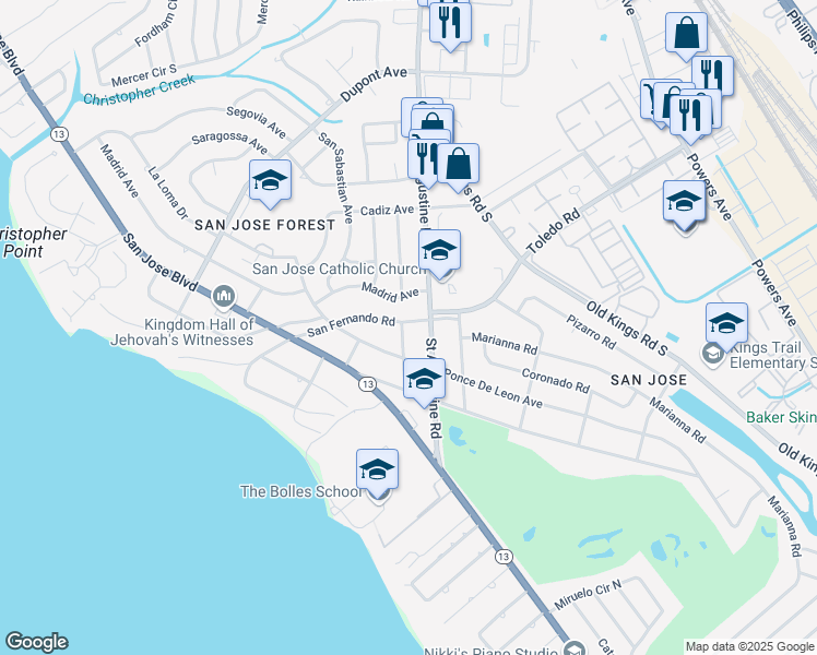 map of restaurants, bars, coffee shops, grocery stores, and more near 7207 Ventura Avenue in Jacksonville