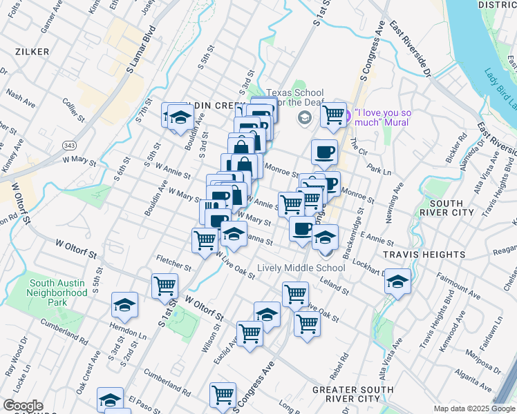 map of restaurants, bars, coffee shops, grocery stores, and more near 409 West Annie Street in Austin