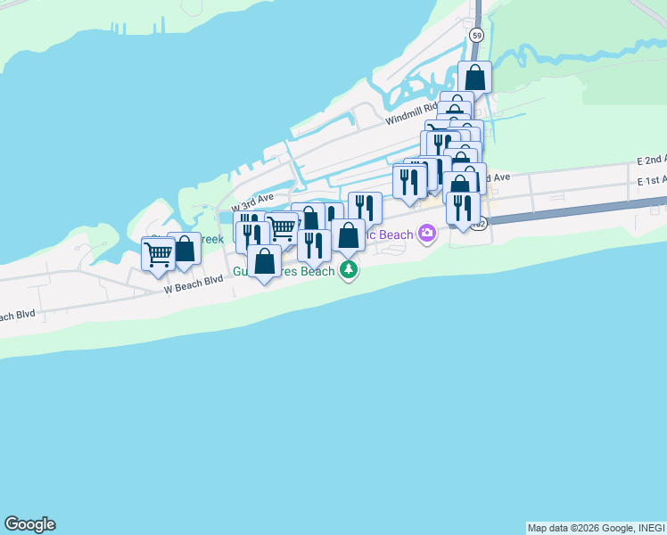 map of restaurants, bars, coffee shops, grocery stores, and more near 407 West Beach Boulevard in Gulf Shores