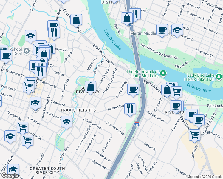 map of restaurants, bars, coffee shops, grocery stores, and more near 1003 Milam Place in Austin