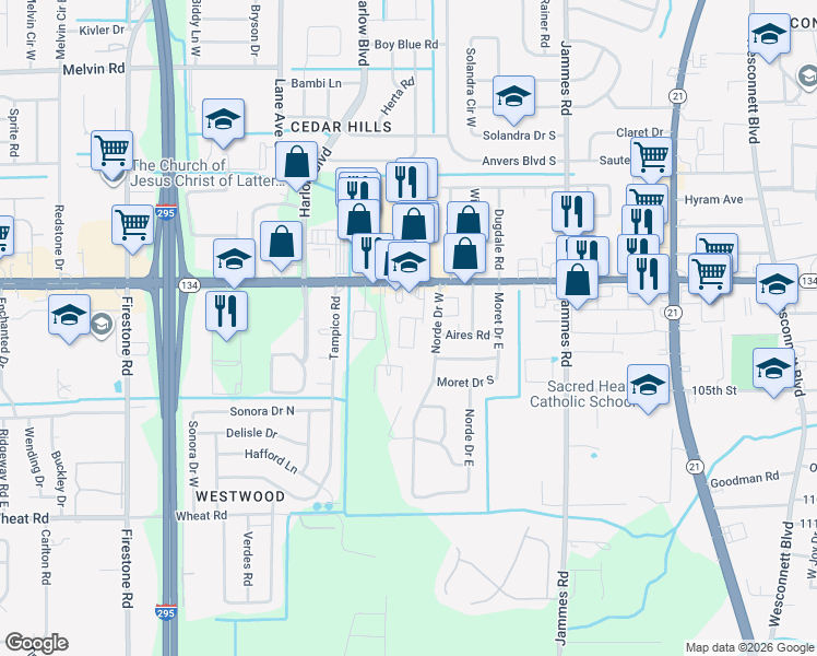 map of restaurants, bars, coffee shops, grocery stores, and more near 5440 Norde Drive West in Jacksonville