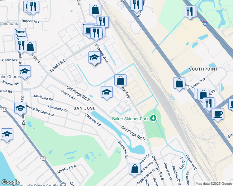 map of restaurants, bars, coffee shops, grocery stores, and more near 7200 Powers Avenue in Jacksonville