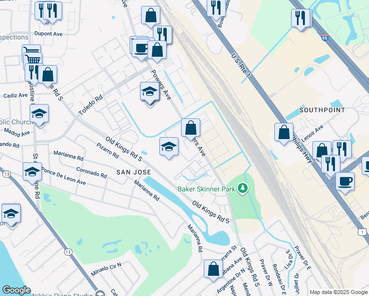 map of restaurants, bars, coffee shops, grocery stores, and more near 7200 Powers Avenue in Jacksonville
