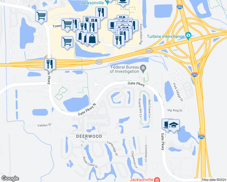 map of restaurants, bars, coffee shops, grocery stores, and more near 11234 Castlemain Circle North in Jacksonville
