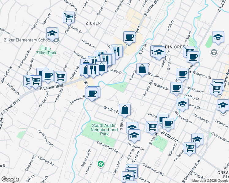 map of restaurants, bars, coffee shops, grocery stores, and more near 2110 Wirtz Avenue in Austin