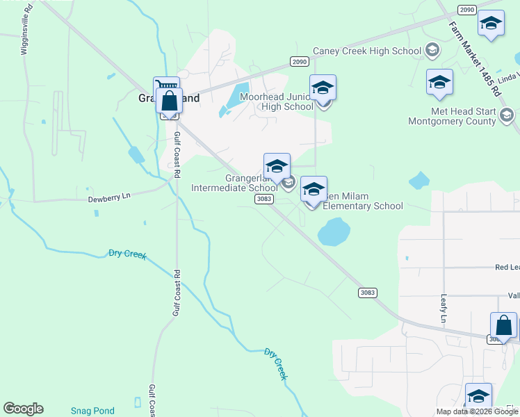 map of restaurants, bars, coffee shops, grocery stores, and more near 16283 Farm to Market Road 3083 in Conroe