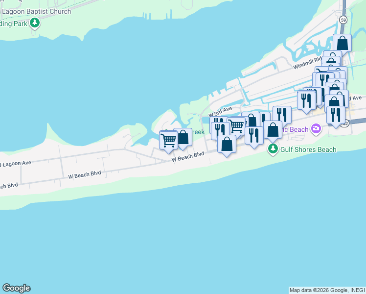 map of restaurants, bars, coffee shops, grocery stores, and more near 209 West 7th Street in Gulf Shores