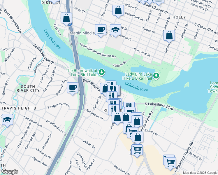 map of restaurants, bars, coffee shops, grocery stores, and more near 1500 East Riverside Drive in Austin