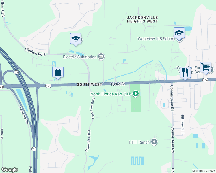 map of restaurants, bars, coffee shops, grocery stores, and more near 10405 103rd Street in Jacksonville
