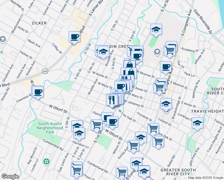 map of restaurants, bars, coffee shops, grocery stores, and more near 701 West Mary Street in Austin