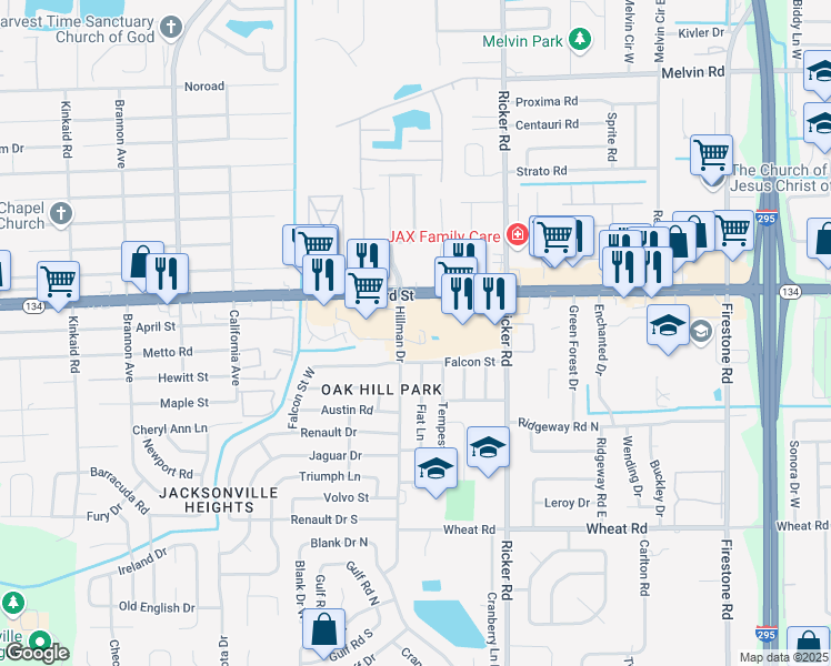 map of restaurants, bars, coffee shops, grocery stores, and more near 5527 Hillman Drive in Jacksonville