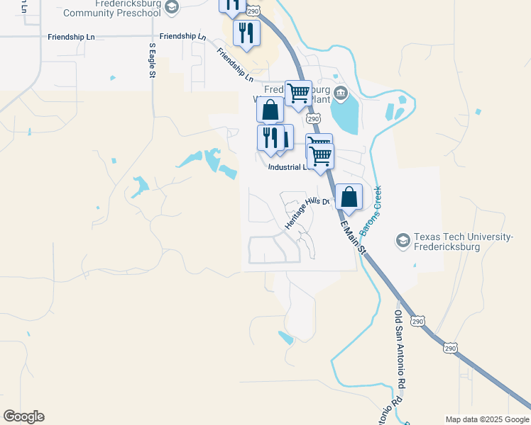 map of restaurants, bars, coffee shops, grocery stores, and more near 123 West Creekview Drive in Fredericksburg