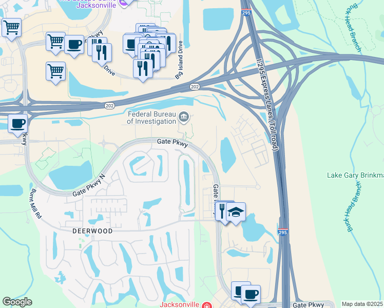 map of restaurants, bars, coffee shops, grocery stores, and more near 7461 Red Crane Lane in Jacksonville