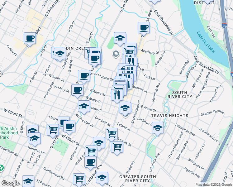map of restaurants, bars, coffee shops, grocery stores, and more near 1705 Eva Street in Austin