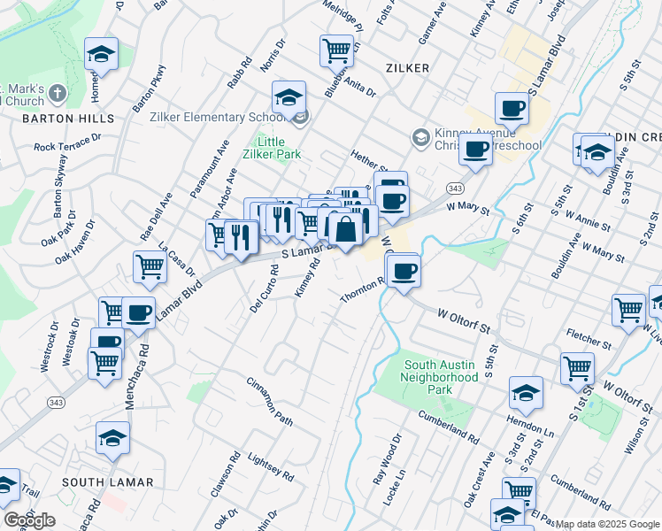 map of restaurants, bars, coffee shops, grocery stores, and more near 2203/1 South Lamar Boulevard in Austin
