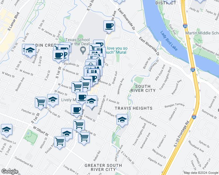 map of restaurants, bars, coffee shops, grocery stores, and more near 1603 Brackenridge Street in Austin