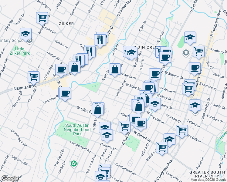 map of restaurants, bars, coffee shops, grocery stores, and more near 907 West Johanna Street in Austin