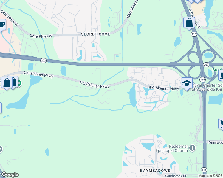 map of restaurants, bars, coffee shops, grocery stores, and more near 7025 A C Skinner Parkway in Jacksonville