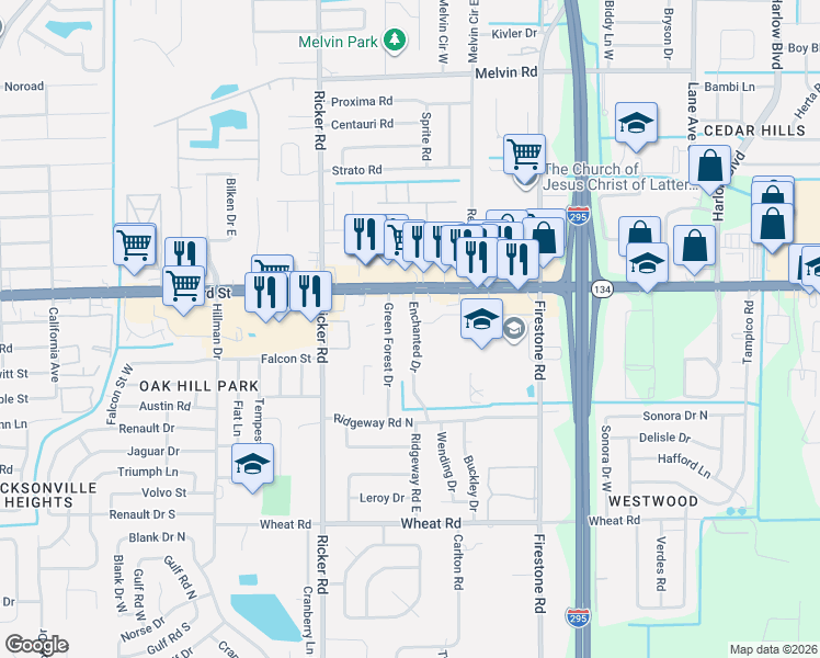 map of restaurants, bars, coffee shops, grocery stores, and more near 5436 Enchanted Drive in Jacksonville