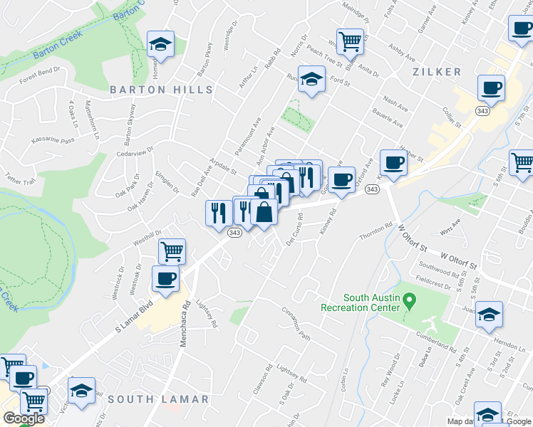 map of restaurants, bars, coffee shops, grocery stores, and more near 2418 South Lamar Boulevard in Austin