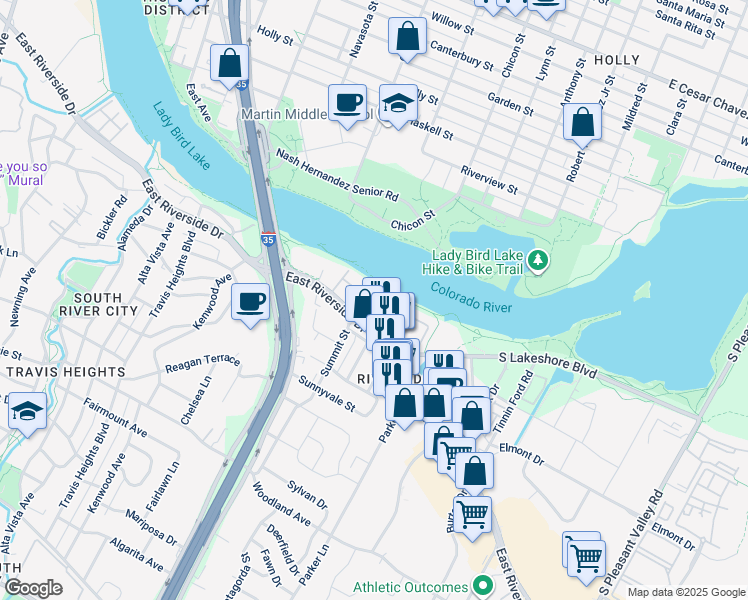 map of restaurants, bars, coffee shops, grocery stores, and more near 1500 East Riverside Drive in Austin