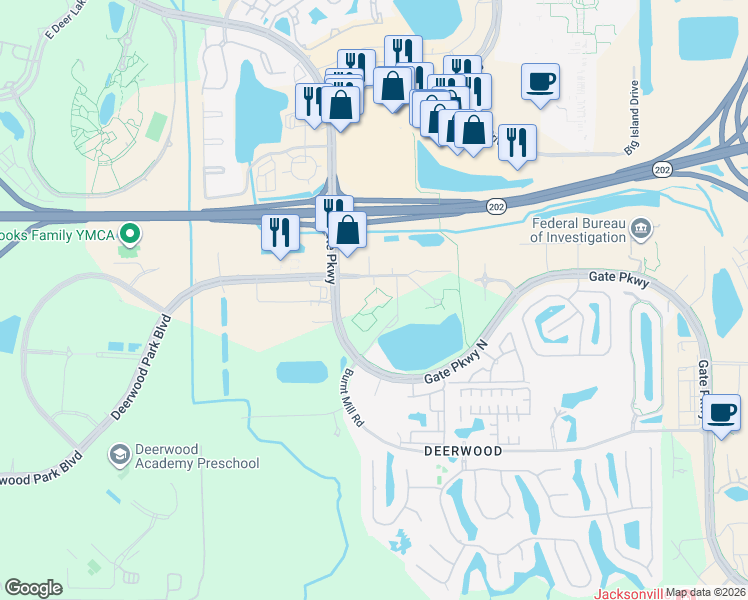 map of restaurants, bars, coffee shops, grocery stores, and more near 5011 Gate Parkway in Jacksonville