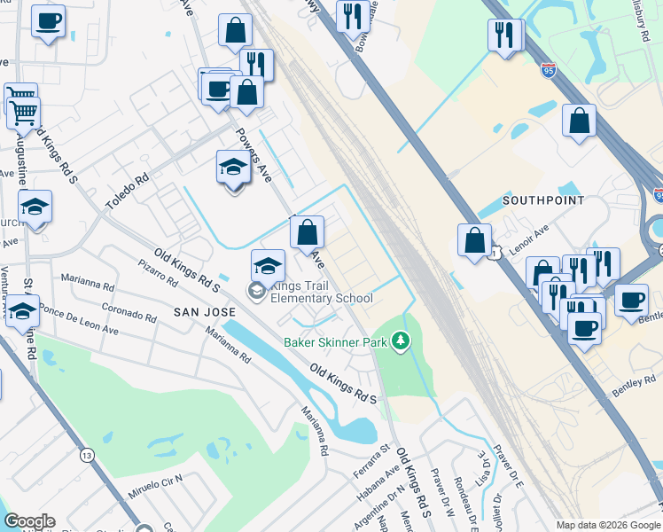 map of restaurants, bars, coffee shops, grocery stores, and more near 7200 Powers Avenue in Jacksonville