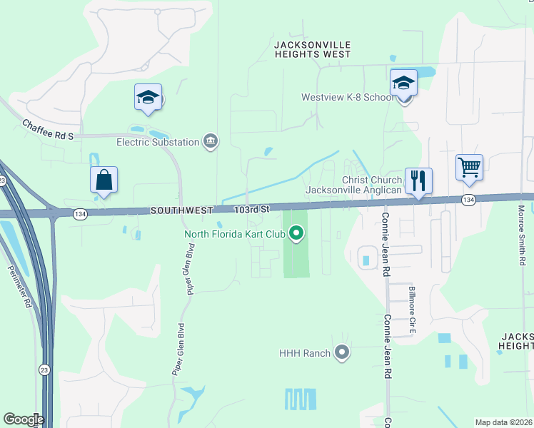 map of restaurants, bars, coffee shops, grocery stores, and more near 10338 103rd Street in Jacksonville