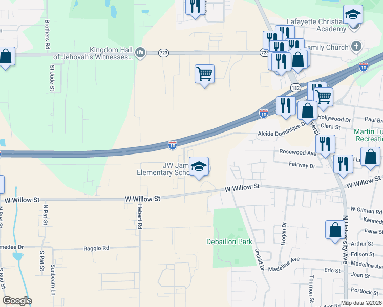 map of restaurants, bars, coffee shops, grocery stores, and more near 307 Alcide Dominique Drive in Lafayette