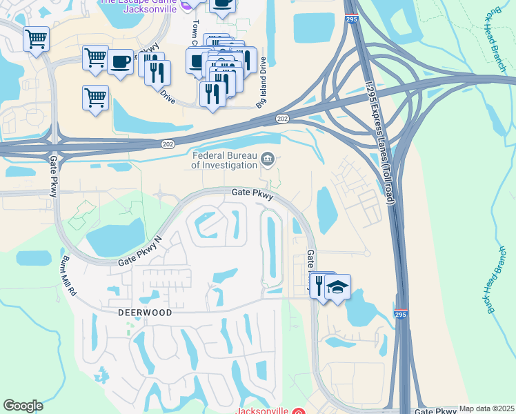 map of restaurants, bars, coffee shops, grocery stores, and more near 7452 Scarlet Ibis Lane in Jacksonville