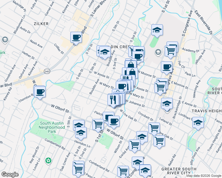map of restaurants, bars, coffee shops, grocery stores, and more near 705 West Mary Street in Austin