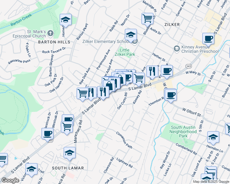 map of restaurants, bars, coffee shops, grocery stores, and more near 2324 South Lamar Boulevard in Austin