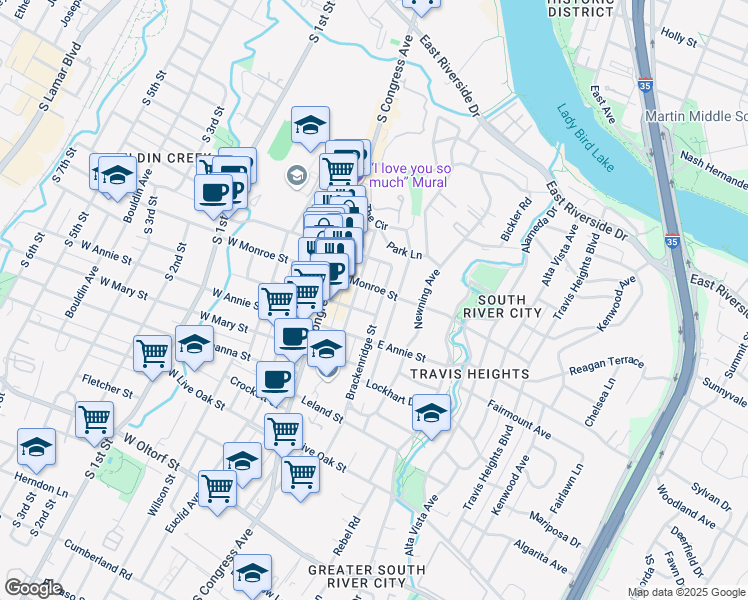 map of restaurants, bars, coffee shops, grocery stores, and more near 205 East Monroe Street in Austin